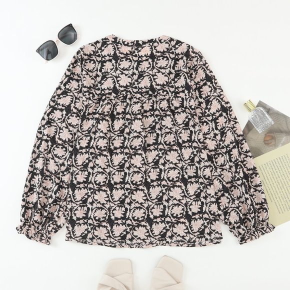 Pleated Long Puff Sleeve Floral Print Sweater Top